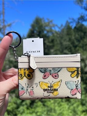 NWT COACH Mini Skinny Id Cardholder Case & Keychain w Butterfly Print CAR22